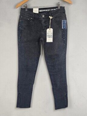NEW Y2K Rhinestone Studded Jeans Dark Wash Bling Slim Leg Denim Juniors Size 7